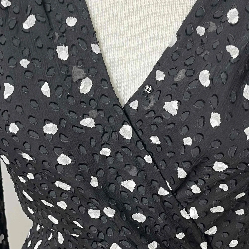 Rebecca Taylor Black Polka Dot Long‎ Sleeve V Neck Silk Faux Wrap Dress Size 4
